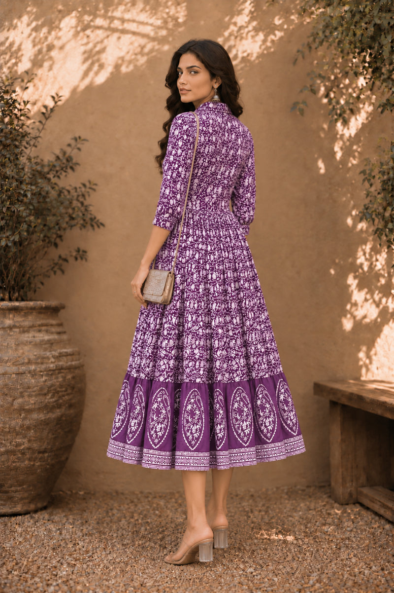 Stylum Women's Purple Dabu Printed Cotton Flared Dress (DRSPURPLEBATRA)