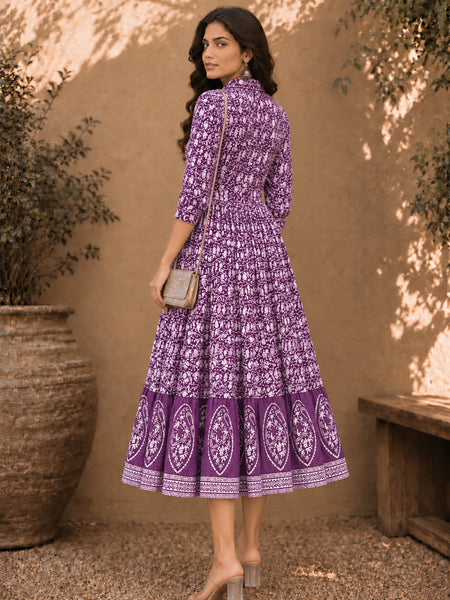 Stylum Women's Purple Dabu Printed Cotton Flared Dress (DRSPURPLEBATRA)