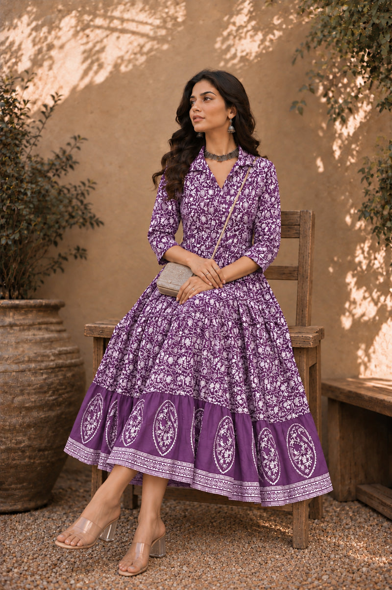 Stylum Women's Purple Dabu Printed Cotton Flared Dress (DRSPURPLEBATRA)