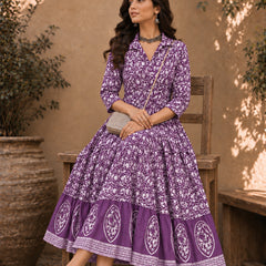 Stylum Women's Purple Dabu Printed Cotton Flared Dress (DRSPURPLEBATRA)
