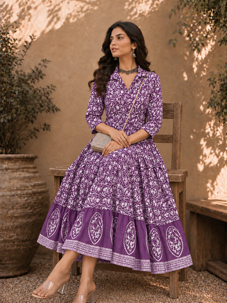 Stylum Women's Purple Dabu Printed Cotton Flared Dress (DRSPURPLEBATRA)