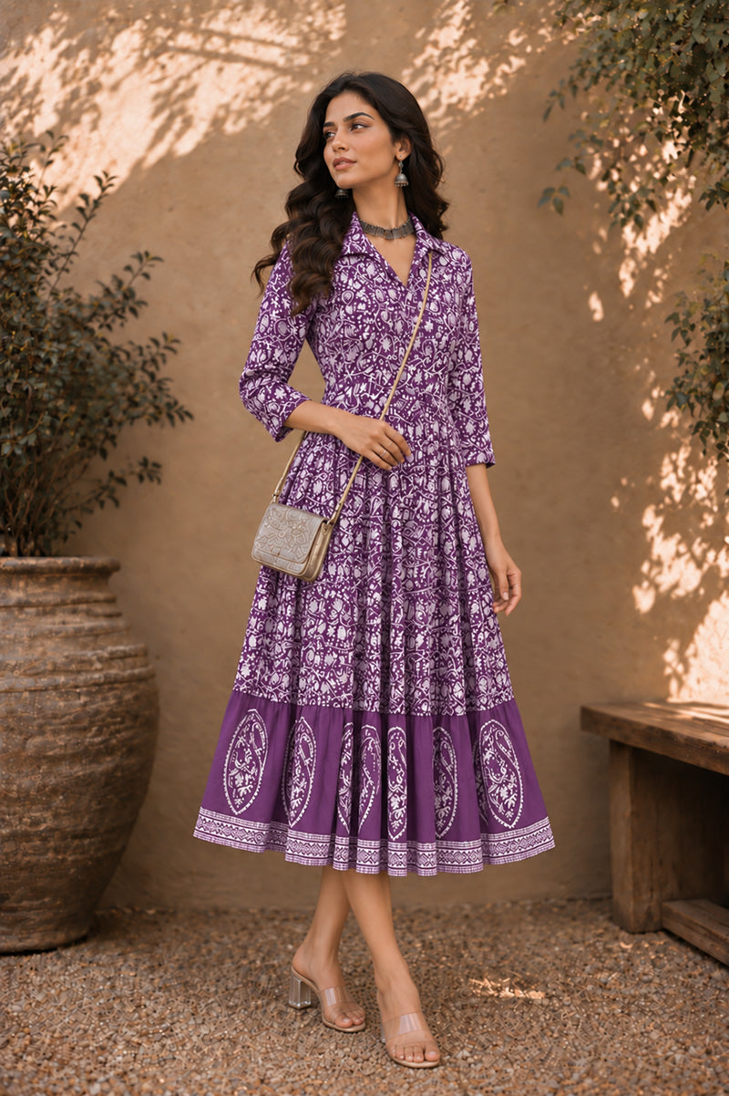 Stylum Women's Purple Dabu Printed Cotton Flared Dress (DRSPURPLEBATRA)