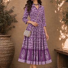 Stylum Women's Purple Dabu Printed Cotton Flared Dress (DRSPURPLEBATRA)