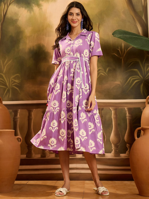 Stylum Women's Purple Floral Printed Cotton Flared Dress (DRSPURPLECARTER)