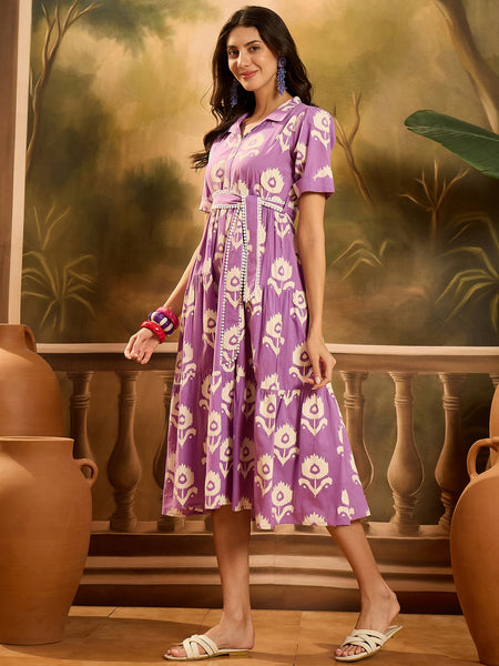Stylum Women's Purple Floral Printed Cotton Flared Dress (DRSPURPLECARTER)
