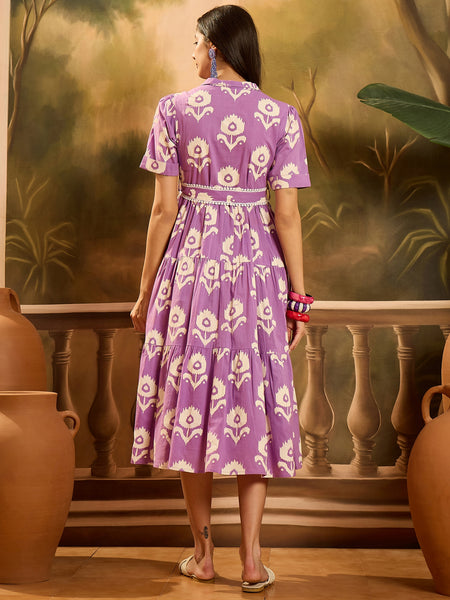 Stylum Women's Purple Floral Printed Cotton Flared Dress (DRSPURPLECARTER)