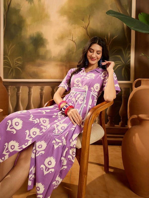 Stylum Women's Purple Floral Printed Cotton Flared Dress (DRSPURPLECARTER)