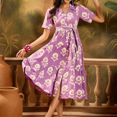 Stylum Women's Purple Floral Printed Cotton Flared Dress (DRSPURPLECARTER)
