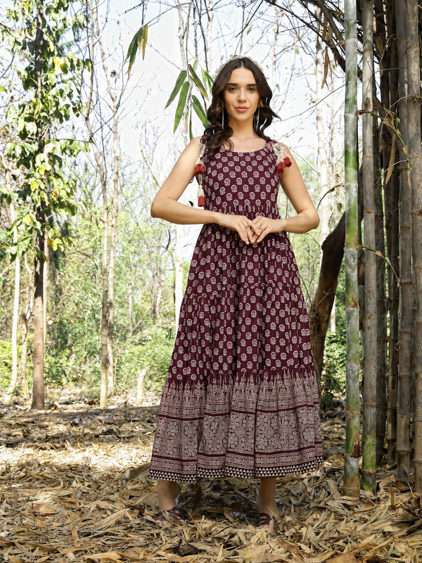 Stylum Women's Purple Ethnic Printed Cotton Tiered Dress (DRSPURPLELUIS)