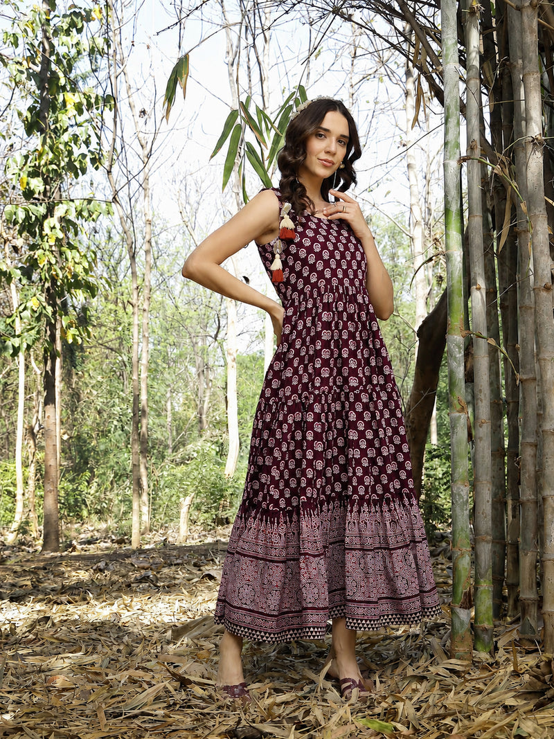 Stylum Women's Purple Ethnic Printed Cotton Tiered Dress (DRSPURPLELUIS)