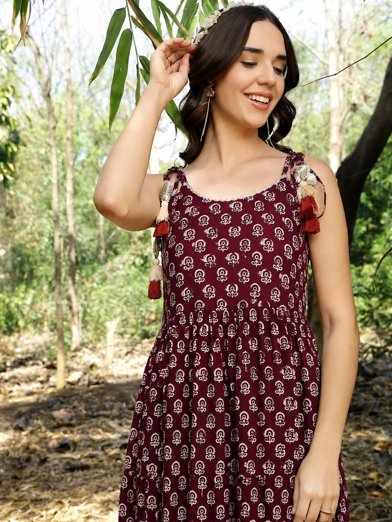 Stylum Women's Purple Ethnic Printed Cotton Tiered Dress (DRSPURPLELUIS)