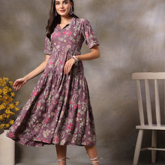 Stylum Women's Purple Tropical Printed Rayon Tiered Dress (DRSPURPLESOMIL)