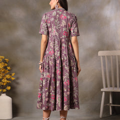 Stylum Women's Purple Tropical Printed Rayon Tiered Dress (DRSPURPLESOMIL)