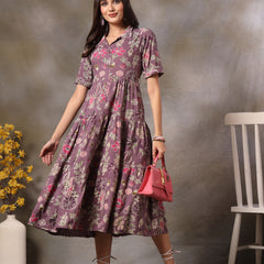 Stylum Women's Purple Tropical Printed Rayon Tiered Dress (DRSPURPLESOMIL)