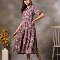 Stylum Women's Purple Tropical Printed Rayon Tiered Dress (DRSPURPLESOMIL)