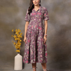 Stylum Women's Purple Tropical Printed Rayon Tiered Dress (DRSPURPLESOMIL)