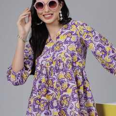 Purple Floral printed Cotton Flared dress