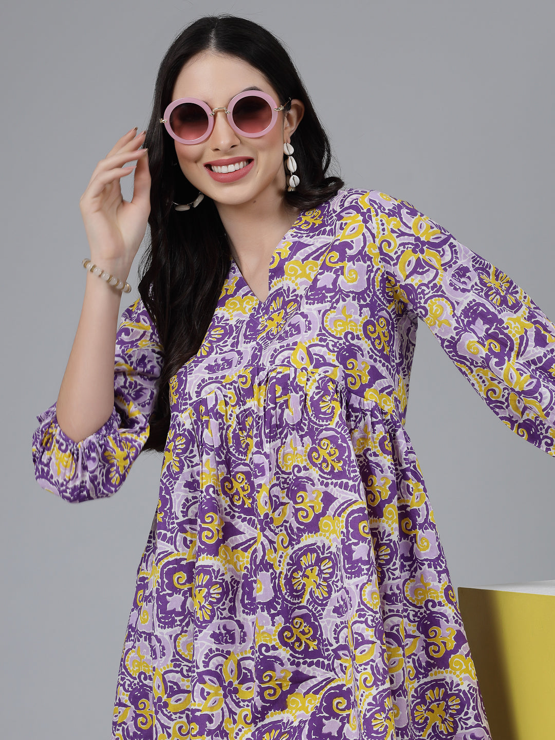 Purple Floral printed Cotton Flared dress
