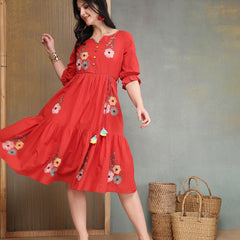 Stylum Women's Red Solid & Embroidered Cotton Tiered Dress (DRSREDRAMP)