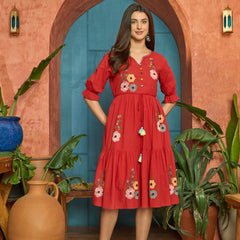 Stylum Women's Red Solid & Embroidered Cotton Tiered Dress (DRSREDRAMP)