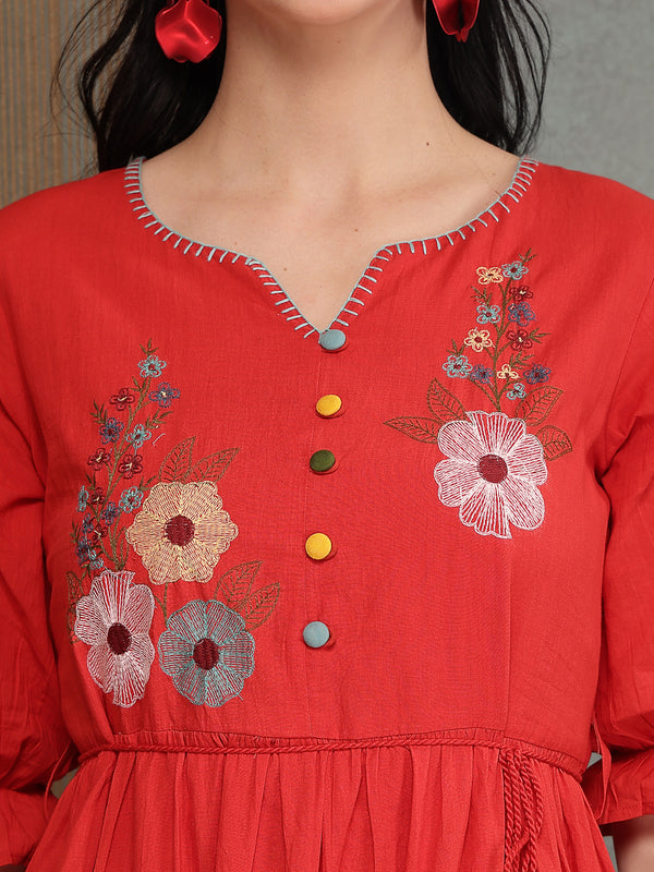 Stylum Women's Red Solid & Embroidered Cotton Tiered Dress (DRSREDRAMP)