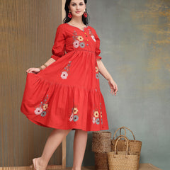 Stylum Women's Red Solid & Embroidered Cotton Tiered Dress (DRSREDRAMP)