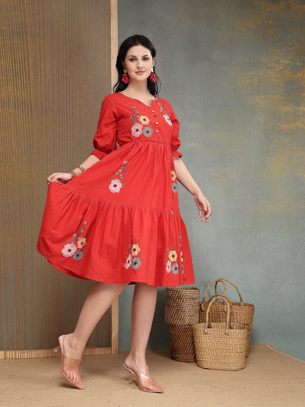 Stylum Women's Red Solid & Embroidered Cotton Tiered Dress (DRSREDRAMP)