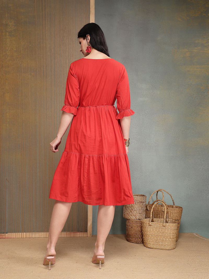 Stylum Women's Red Solid & Embroidered Cotton Tiered Dress (DRSREDRAMP)
