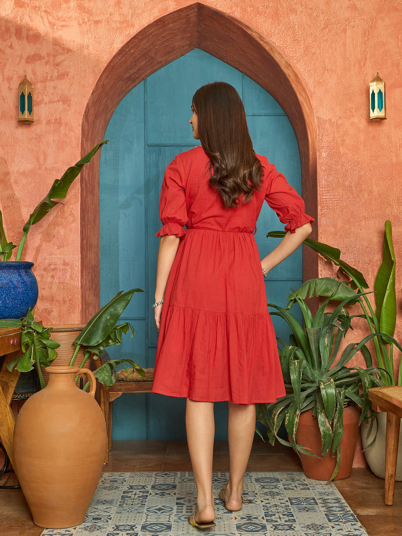 Stylum Women's Red Solid & Embroidered Cotton Tiered Dress (DRSREDRAMP)