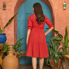 Stylum Women's Red Solid & Embroidered Cotton Tiered Dress (DRSREDRAMP)