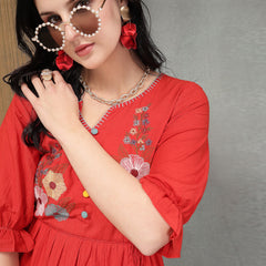 Stylum Women's Red Solid & Embroidered Cotton Tiered Dress (DRSREDRAMP)