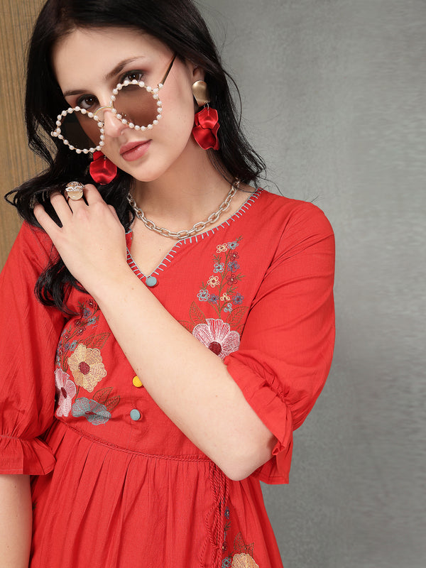 Stylum Women's Red Solid & Embroidered Cotton Tiered Dress (DRSREDRAMP)