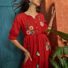 Stylum Women's Red Solid & Embroidered Cotton Tiered Dress (DRSREDRAMP)