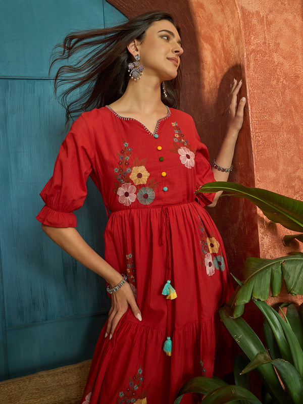 Stylum Women's Red Solid & Embroidered Cotton Tiered Dress (DRSREDRAMP)