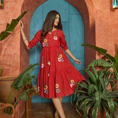 Stylum Women's Red Solid & Embroidered Cotton Tiered Dress (DRSREDRAMP)
