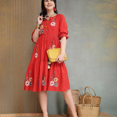 Stylum Women's Red Solid & Embroidered Cotton Tiered Dress (DRSREDRAMP)