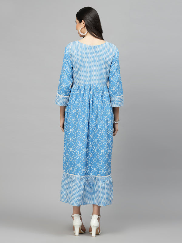 Blue Bandhej  Rayon Tiered kurta