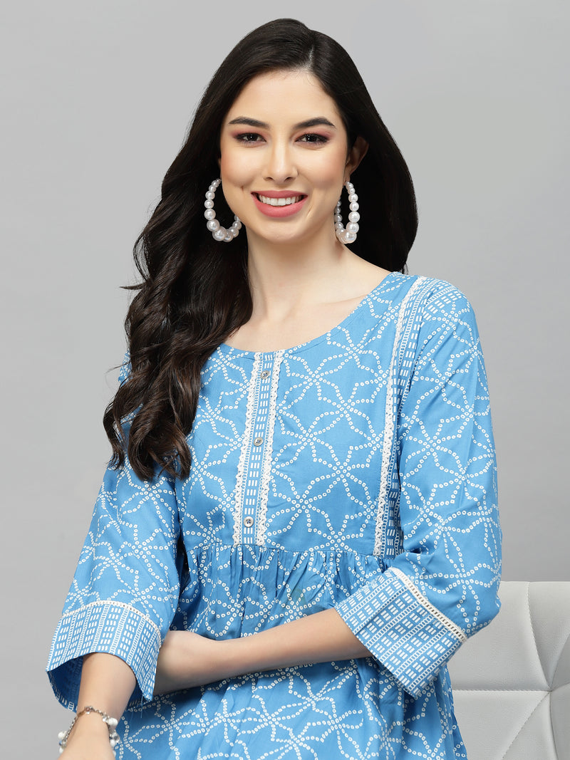 Blue Bandhej  Rayon Tiered kurta