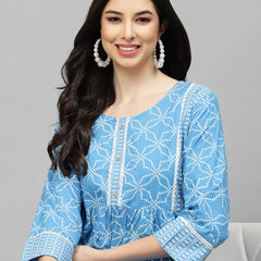 Blue Bandhej  Rayon Tiered kurta