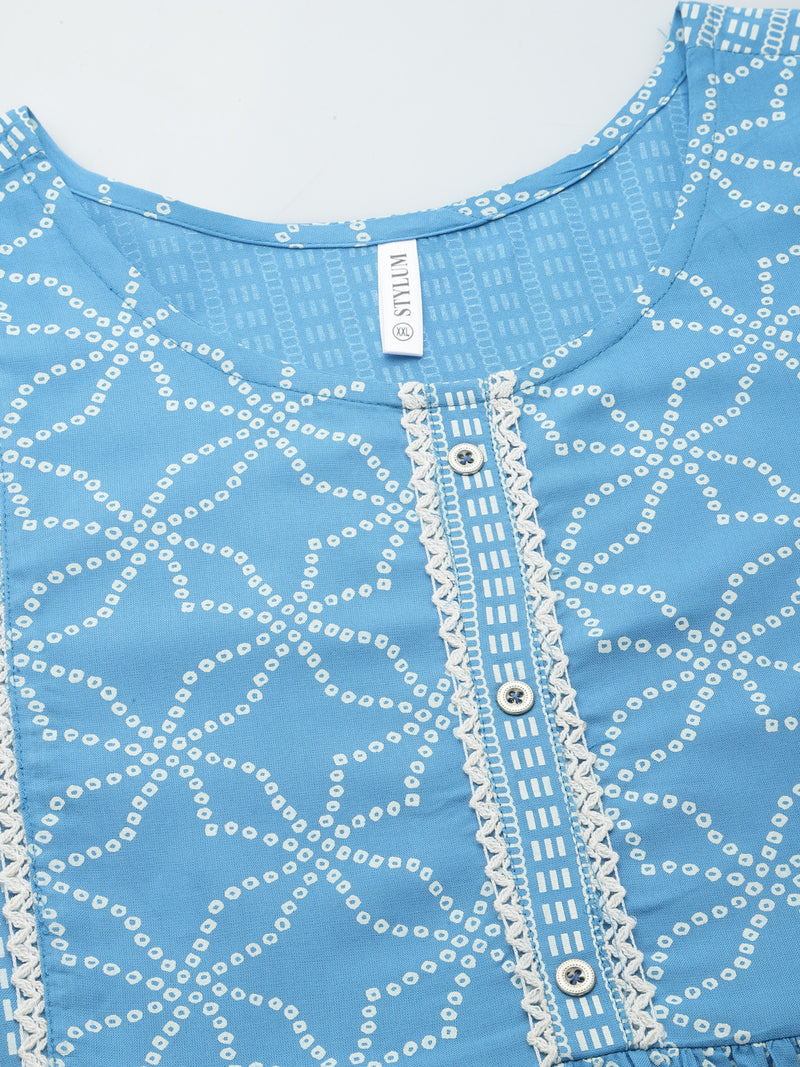 Blue Bandhej Printed Rayon Tiered kurta