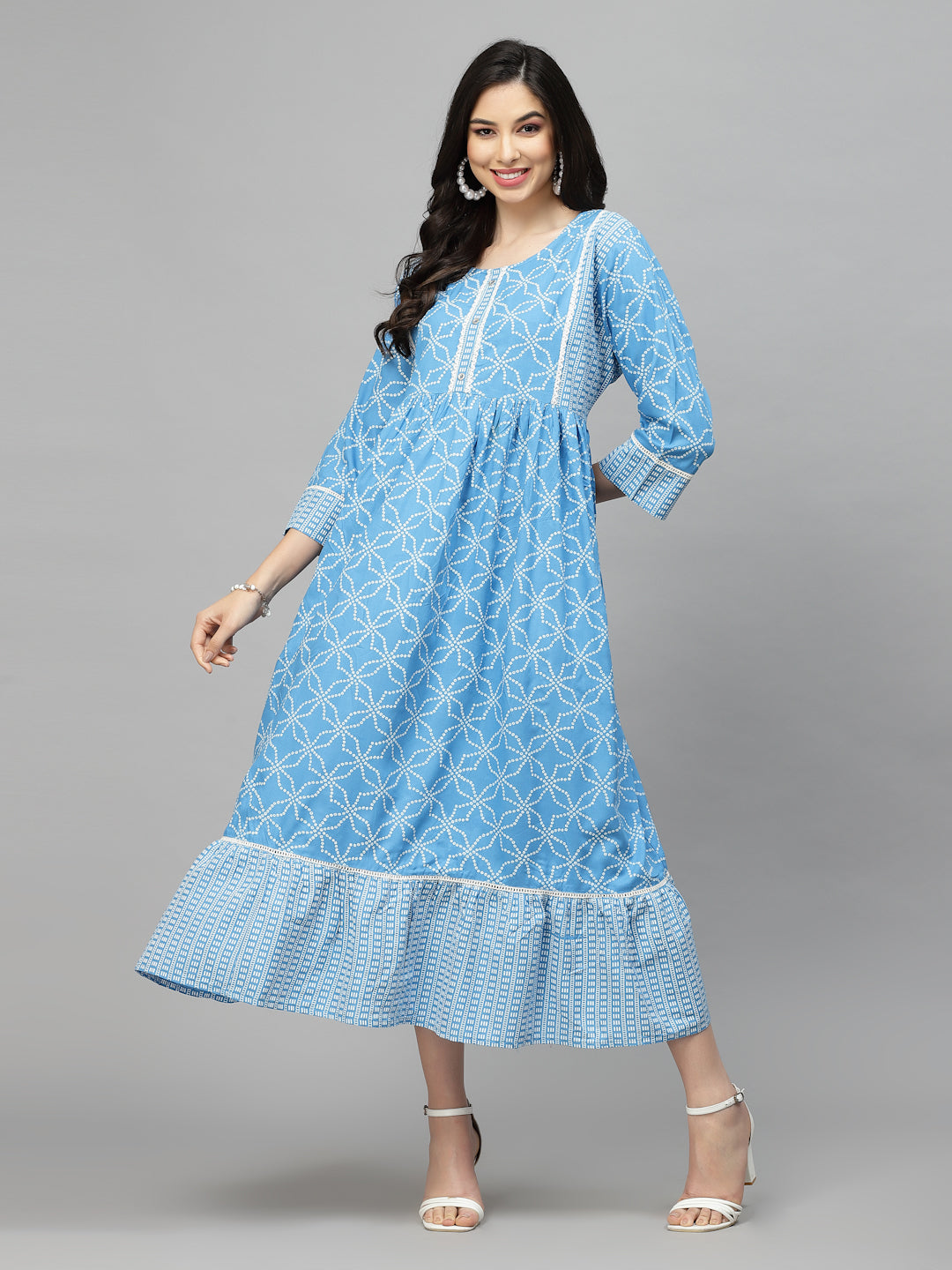 Blue Bandhej  Rayon Tiered kurta 