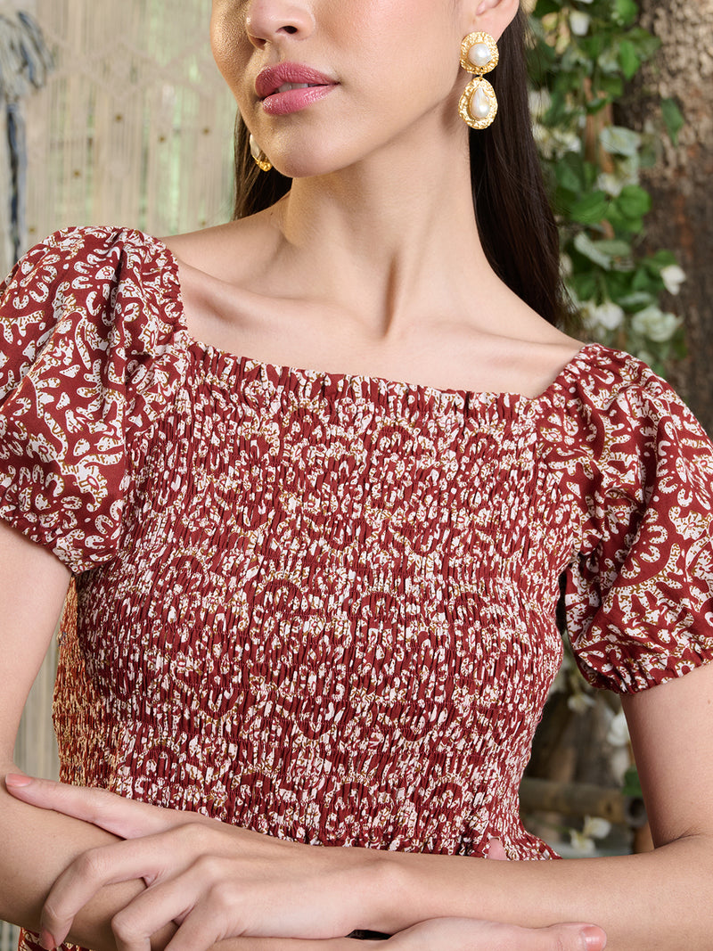 Stylum Women's Rust Floral Printed Cotton Flared Dress (DRSRUSTCAMPA)