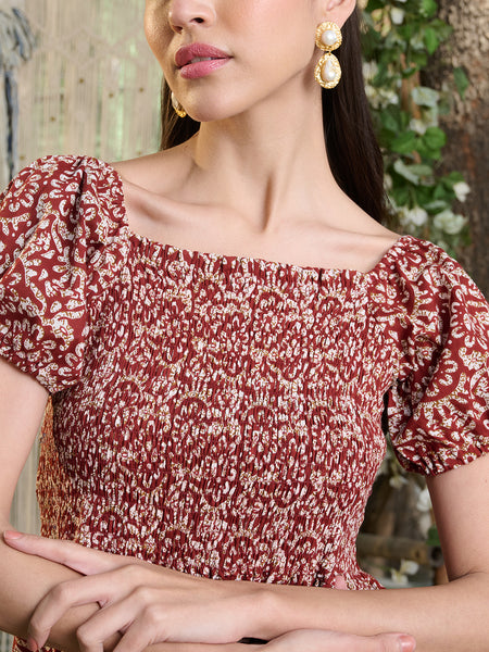 Stylum Women's Rust Floral Printed Cotton Flared Dress (DRSRUSTCAMPA)