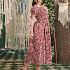 Stylum Women's Rust Floral Printed Cotton Flared Dress (DRSRUSTCAMPA)