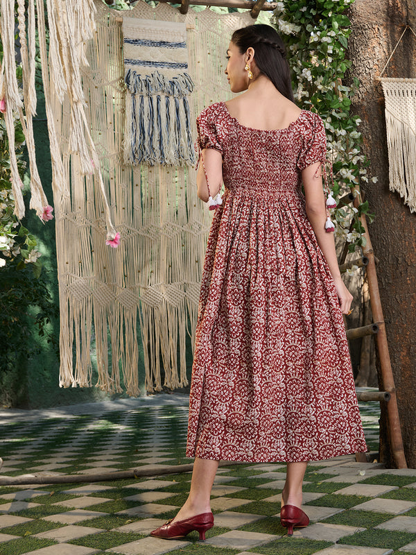 Stylum Women's Rust Floral Printed Cotton Flared Dress (DRSRUSTCAMPA)