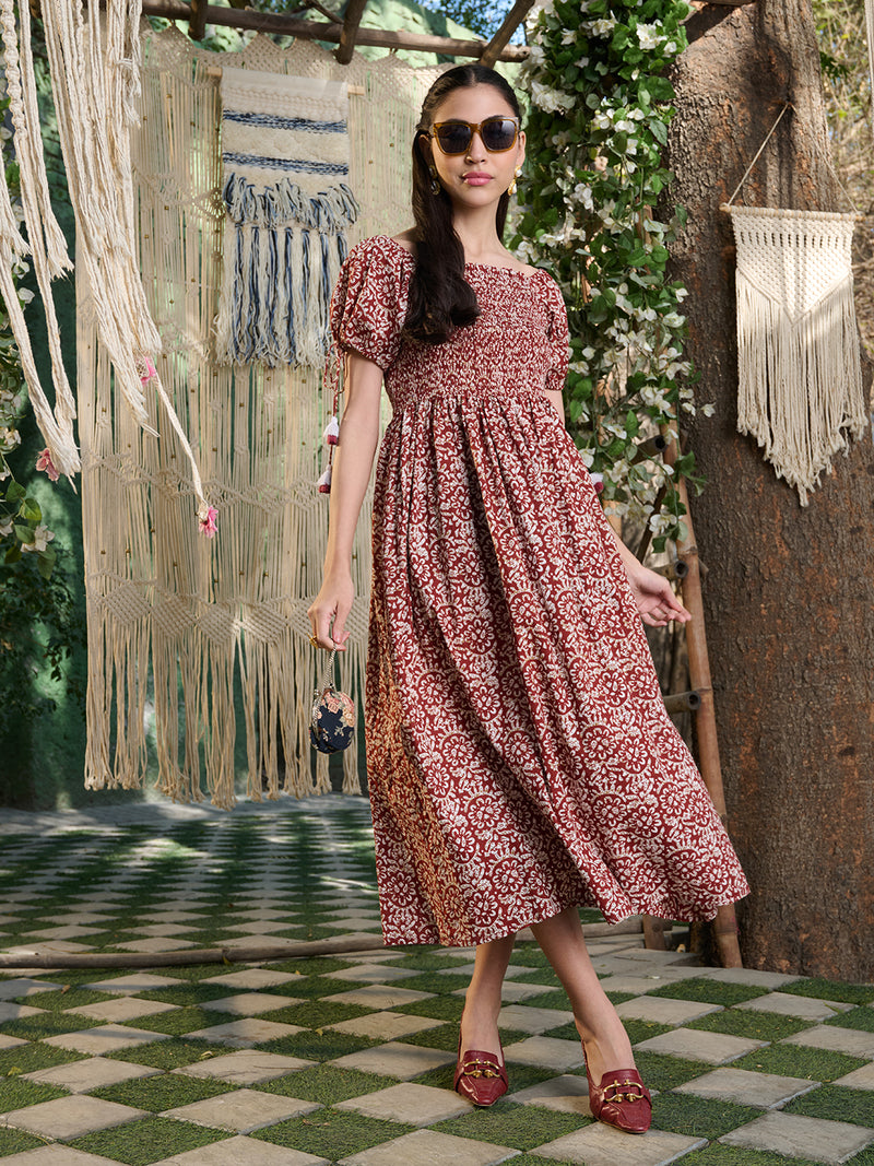 Stylum Women's Rust Floral Printed Cotton Flared Dress (DRSRUSTCAMPA)