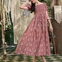 Stylum Women's Rust Floral Printed Cotton Flared Dress (DRSRUSTCAMPA)