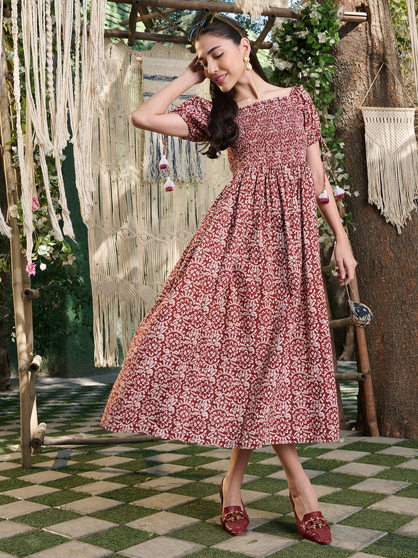 Stylum Women's Rust Floral Printed Cotton Flared Dress (DRSRUSTCAMPA)