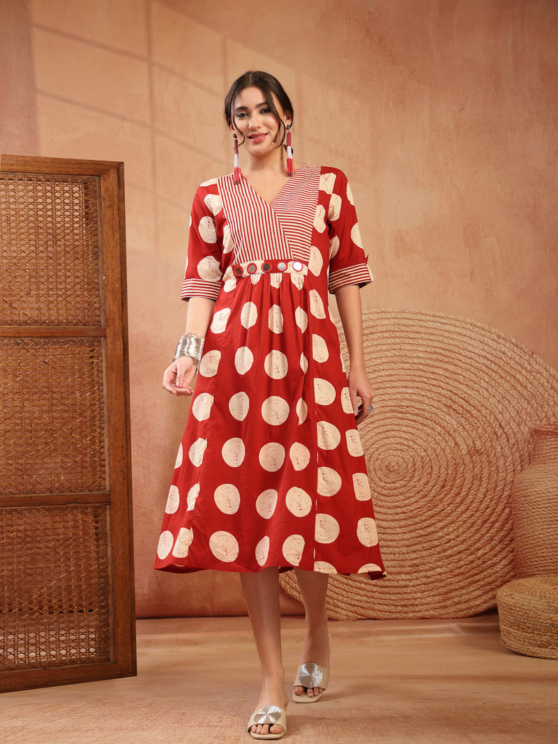 Stylum Women's Rust Block Printed Cotton Flared Dress (DRSRUSTDAPPER)