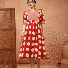 Stylum Women's Rust Block Printed Cotton Flared Dress (DRSRUSTDAPPER)